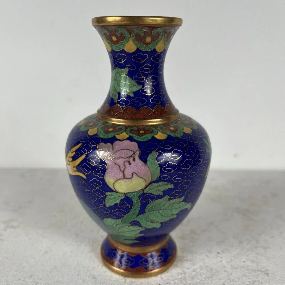 Vintage Deep Blue and Pink Cloisonne Vase Asian Style Peony Flower‎ Gold Accents